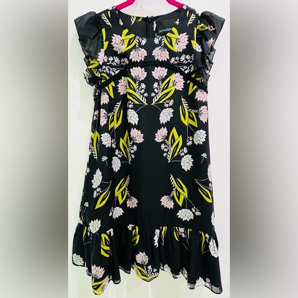 Cynthia Rowley Black Silk Dress with Pink and Yellow Floral Design - Picture 1 of 6